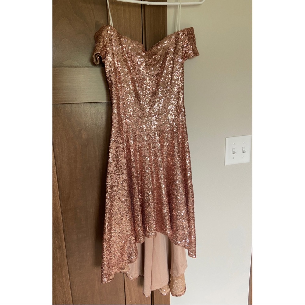 Windsor Rose Gold Sequin Off-the-Shoulder High-Low Sparkly Shimmer Formal Dress - Picture 2 of 6